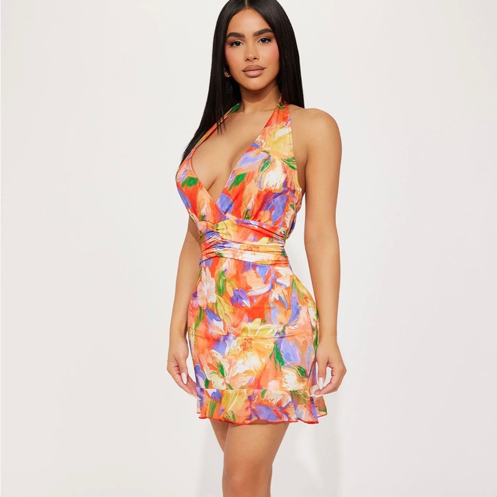 Fashion Nova Orange Dress Steamy Vibes V Neck Low Cut Mini Women’s Dress Large